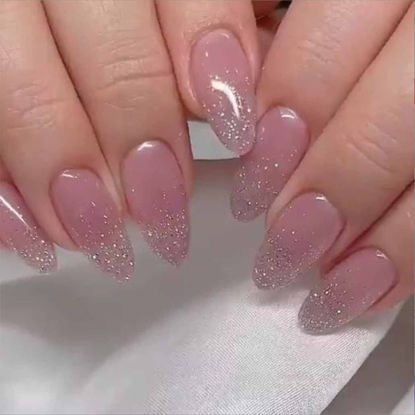 Picture of Foccna Pink Press on Nails Medium, Bling Fake Nails Almond Acrylic False Pink Nails,Artificial Nails for Women and Girls 24 pcs 