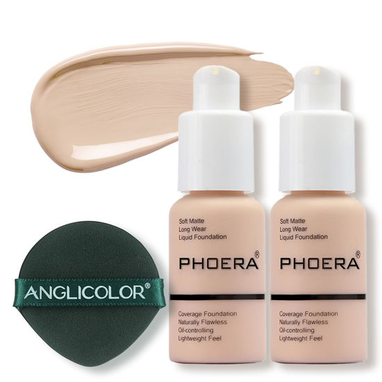 Picture of PHOERA Foundation Makeup, Flawless Soft Matte Oil Control Liquid Foundation, Full Coverage Mattle Oil-Control Concealer for Older Women, Great Choice For Gift (#101 Porcelain(2pcs))