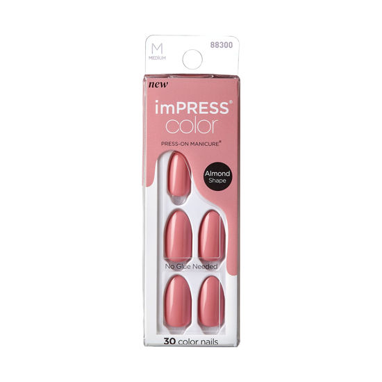 Picture of KISS imPRESS No Glue Mani Press On Nails, Color, 'Sweet Aroma', Pink, Medium Size, Almond Shape, Includes 30 Nails, Prep Pad, Instructions Sheet, 1 Manicure Stick, 1 Mini File