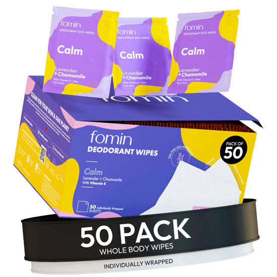 Picture of FOMIN Travel Deodorant Wipes - 50 Count - Calming Lavender and Chamomile - pH Balanced, Hypoallergenic Mini Deodorant Wipes For Women and Men - Plastic-Free, Individually Wrapped Underarm & Body Wipes