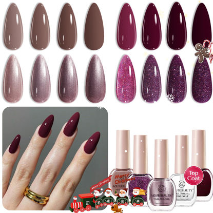 Picture of AZUREBEAUTY Nail Polish Set, 4 Colors Brown Purple Glitter Fall Winter Vegan Quick Dry Natural Nail Lacquer Strengthening Treatment Kit with Top Coat DIY Salon at Home