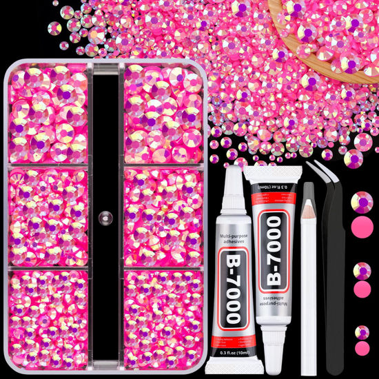 Picture of Resin Jelly Rhinestones for Crafting with B7000 Jewelry Glue, 1 Box Hot Pink AB Flatback Crystals with 2Pcs 10ml Glue, Bedazzling Non Hotfix Gems for DIY Tumblers Clothing Shoes Manicure