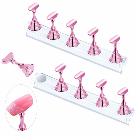 Picture of JUSTOTRY 2 Sets Pink Nail Stand for Press on Nails Display, Magnetic Fake Nails Holder for Painting Nails Practices, Beginner Acrylic Nail Art Kit Accessories, Nail Salon Equipment and Decor