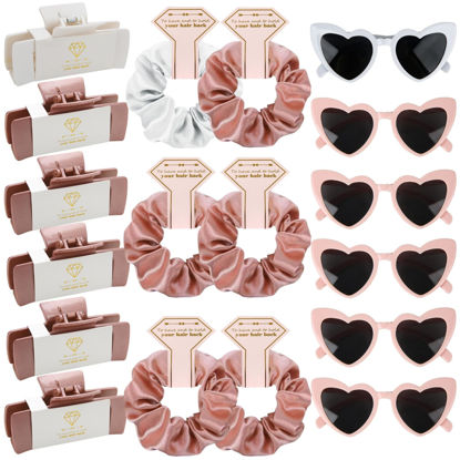 Picture of 18pcs Bridesmaid Scrunchies Proposal Gifts 4.1inch square Hair Claws Bachelorette Claw Clip Hair Clips heart sunglasses Girls Stuff Cute Hair Clips for Wedding Party Favors (18pcs White&Rose Gold)