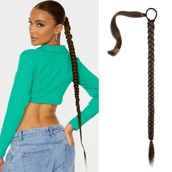 Picture of SEIKEA Upgraded Long Braid Ponytail Extension with Elastic Tie Straight Sleek Wrap Around Braid Hair Extensions Ponytail Medium Brown Golden Brown Highlights 34 Inch (After Braided 30 Inch)