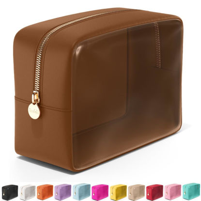 Picture of Embla Clear Cosmetic Bag Makeup Bag, Clear Zipper Pouch Cosmetics Bags Cute Womens Make Up Pouches, Clear Toiletry Travel Bag Tote, Preppy Purse Cosmetic Organizer Large Makeup Bags, Chocolate Large