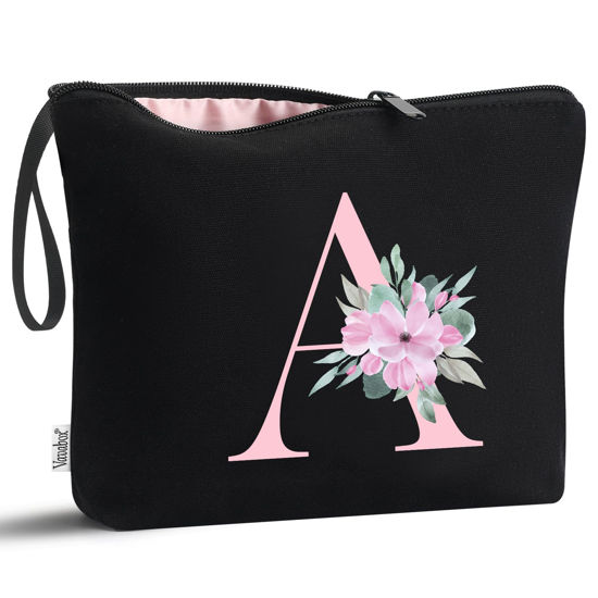 Picture of Vavabox A-Z Personalized Makeup Bag,Birthday Gifts for Women Mom,Gifts for Best Friend,Bride Bridesmaid Cosmetic bag (A, Black)