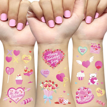 Picture of Ovasorve Valentine's Day Temporary Tattoos 68 Styles V-Day Hot Pink Foil Tattoos Galentines Day Decoration Be Mine Party Favor Valentines Candy Heart Supplies Classroom Exchange Prizes