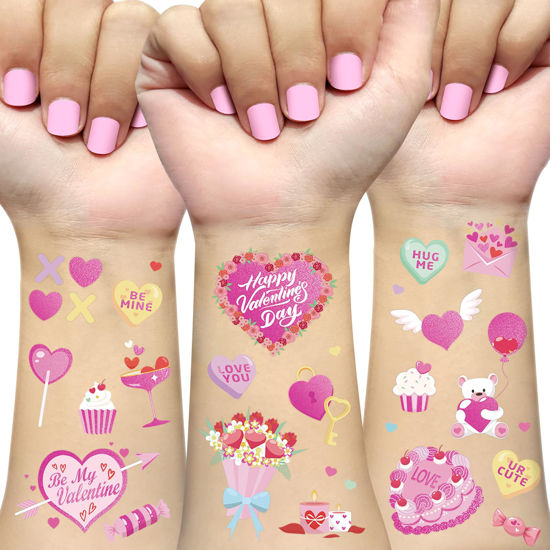 Picture of Ovasorve Valentine's Day Temporary Tattoos 68 Styles V-Day Hot Pink Foil Tattoos Galentines Day Decoration Be Mine Party Favor Valentines Candy Heart Supplies Classroom Exchange Prizes