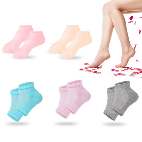 Picture of TEAWOO 5 Pairs Moisturizing Socks (2 Silicone Socks & 3 Heel Socks) for Dry Cracked Feet, Spa Gel Socks Foot Care After Pedicure, Toeless Socks to Soften and Hydrate Feet Heels