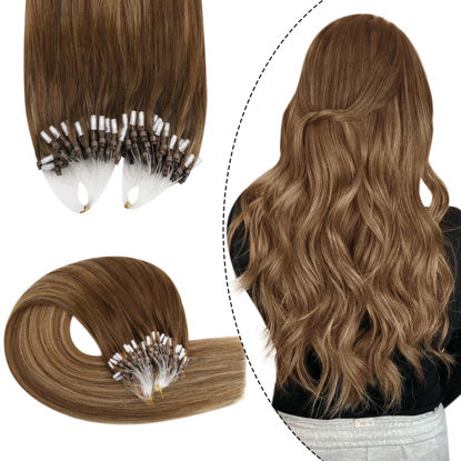 Picture of Ugeat Microbead Hair Extensions Real Hair Brown Micro Hair Extensions Human Hair Extensions Loop Hair Extensions 14 Inch 50G 50S Dark BrowntTo Caramel Blonde Mix Brown Balayage
