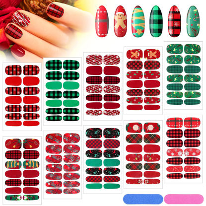 Picture of 140 Pcs 10 Sheets Christmas Full Wrap Nail Stickers Nail Polish Strips Plaid Gradient Stickers Glitter Self Adhesive DIY Art Decals Strips with 2 Pcs Nail Files for Xmas Nail Decor (Plaid Style)