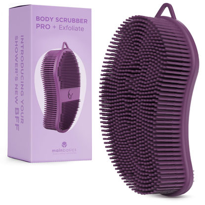 Picture of MainBasics Exfoliating Silicone Body Scrubber Pro 2-in-1 Shower Scrubber for Body, Silicone Loofah and Body Exfoliator (Purple, Body + Exfoliate)
