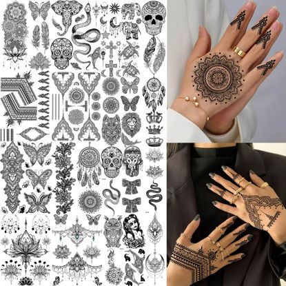 Picture of Bilizar 32 Sheets 89+ PCS Black Lotus Temporary Tattoos For Women Hands Adults Underboob, Tribal Indian Elephant Skull Snake Fake Tattoos, Bulk Bohemia Butterfly Tattoo Kit Sets Mandala Flower Moon