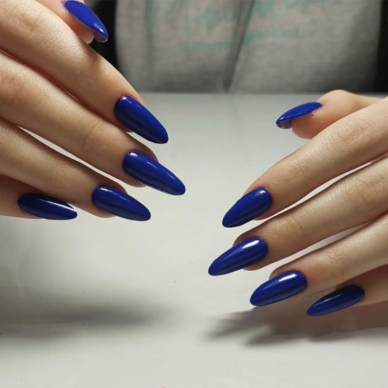 Picture of Navy Blue Press on Nails Almond Medium, Pure Color Glossy Fake Nails Press Ons Almond Shape, Stick on Nails for Women and Girls Daily Wear in 24PCS