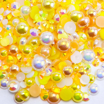 Picture of Briskbloom 60g Mix Flatback Pearls and Rhinestones for Crafts, 2mm-10mm Pearl Rhinestones for Nails Face Art Tumblers, Jelly Rhinestones and Half Pearls, with Tweezers Wax Pen, Yellow|White|Orange