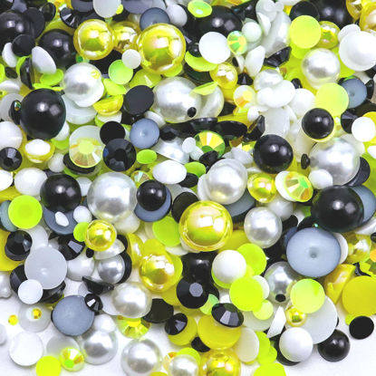 Picture of Briskbloom 60g Mix Pearls and Rhinestones for Crafts, 3620PCS 2mm-10mm Flatback Pearl Rhinestones for Nails Face Art Tumblers, Jelly Rhinestones and Half Pearls, Yellow|Black|White