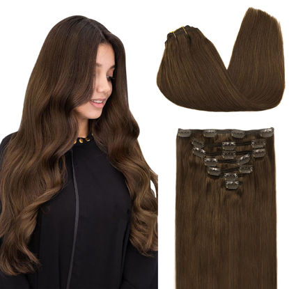 Picture of DOORES Clip in Human Hair Extensions Chocolate Brown 120g 22 Inch 7pcs Remy Hair Extensions Clip in Real Hair Extensions Natural Straight Extensions