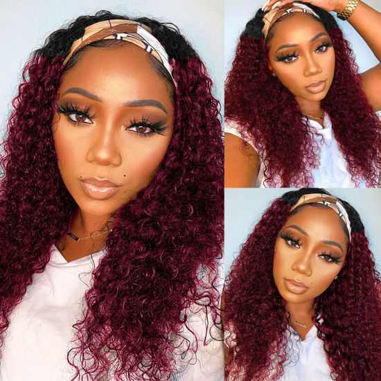 Picture of Ombre Dark Burgundy Headband Wig Human Hair Deep Wave 18 Inch None Lace Front Wigs Glueless #1B/99J Deep Curly Wave Human Hair Headband Wig Attached Half Wigs for Black Women 150% Density