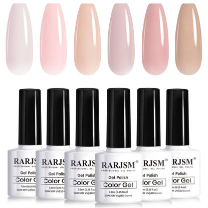 Picture of RARJSM Nude Gel Nail Polish Sheer Jelly Gray Pale Pink Gel Polish Set of 6 Transparent Colors Clear Light Brown Gray Purple Neutral Nuded Nail Varnish LED UV Curing Requires 7.5ml for Home Salon