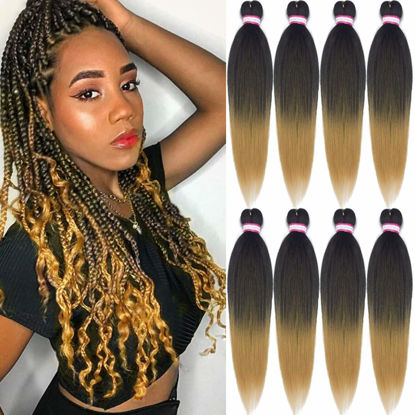 Picture of Pre-stretched Braiding Hair Extension Ombre Natural Black Brown Professional Crochet Braiding Hair 24 Inch 8 Packs Hot Water Setting Perm Yaki Synthetic Hair for Twist Braids (#1B/27)