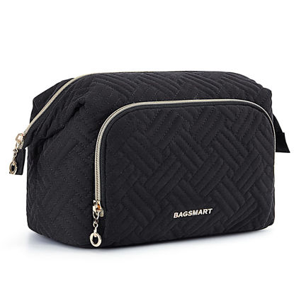 Picture of BAGSMART Travel Makeup Bag, Cosmetic Bag Small Make Up Organizer Case,Wide-open Pouch for Women Purse for Toiletries Accessories Brushes Black