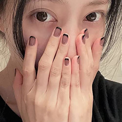Picture of Vaveah 24 Pcs Press on Nails Short for Women, Fake Nails Glue on Nails, False Nails with Glue (Coffee Black French)