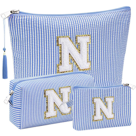 Picture of Initial Gifts Travel Cosmetic Makeup Pouch Bags Sets for Purse, Stoney Clover Dupes Pouch Makeup Bag, Personalized Cosmetic Bags Set for Women, Make up Bag for Teen Girls 13 14 15 16 17 (N, Blue)