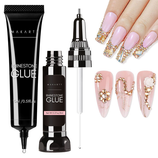 Picture of Makartt Nail Rhinestone Glue Set - Gel Nail Glue for Rhinestones, 3D Art Design Super Strong Adhesive for Charm Gems Jewel Crystal Beads Diamonds, 15ml & 8ml, Easy Use, Cured Need