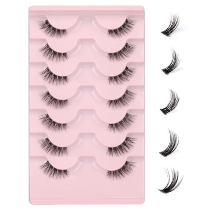 Picture of JIMIRE Half Lashes with Clear Band Cat-Eye Lashes Fluffy Wispy Accent False Eyelashes Natural Look Handmade Soft DIY Cluster Lashes Pack 7 Pairs