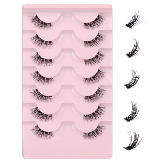 Picture of JIMIRE Half Lashes with Clear Band Cat-Eye Lashes Fluffy Wispy Accent False Eyelashes Natural Look Handmade Soft DIY Cluster Lashes Pack 7 Pairs