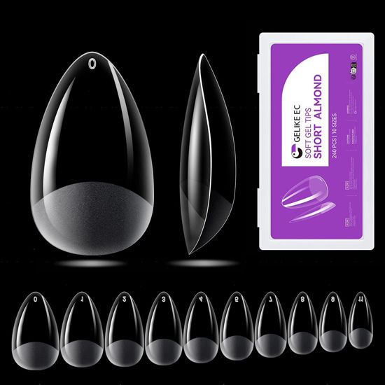 Picture of Gelike ec Short Almond Nail Tips: 240PCS Soft Gel Tips for Almond Shaped Full Cover Gel X Nail Tips Pre Etched - PMMA Resin Clear False Nails 10 Sizes