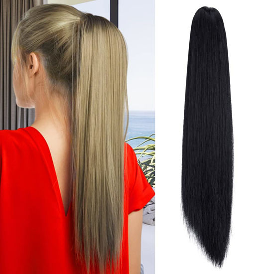 Picture of OMGREAT Claw Ponytail Hair Extension One Piece Cute Clip in on Ponytail Jaw/Claw Synthetic Straight Curly Hairpieces 21" Straight Dark Black