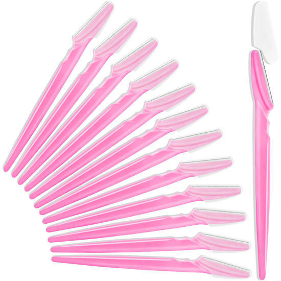 Picture of 12 Pcs Eyebrow Razors, Face Razors Multipurpose, Exfoliating Dermaplaning Tools, Eyebrow Trimmers Shaver with Safety Cover, Facial Hair Removal for Women Men Body Use (Pink)