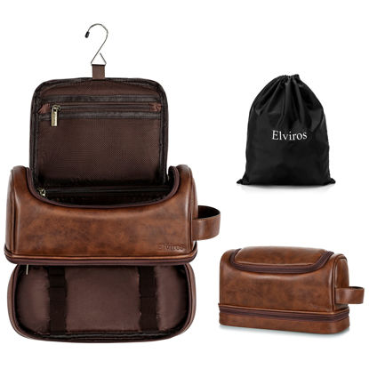 Picture of Elviros Toiletry Bag, Mens Leather Travel Organizer Kit with hanging hook, Large Water-resistant Toiletries Bathroom Shaving Bags for Women (Large, Dark Brown)