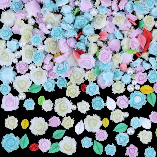 Picture of Sinyanail 3D Flower Nail Charms Set,150pcs Mixed Size Camellia Rose Resin Charms,150pcs Mixed Size and Color Leaves,100pcs Round White Pearl Beads for Nail Accessories Nail Art (12-Rose-3Blue)