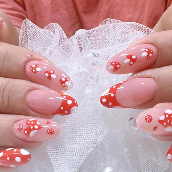 Picture of Valentine'S Day Press on Nails Medium Length Almond Fake Nails with Cute Mushroom Heart Designs Red French Tip Glue on Nails Valentines Day Nails Press ons Nude Full Cover False Nails for Women 24 Pcs