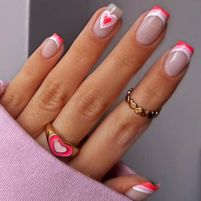 Picture of Valentine'S Day Press on Nails Medium Short Lenght Fake Nails with Heart Designs Red French Tip Glue on Nails Valentines Day Glue on Nails Press ons Glossy False Nails for Women 24 Pcs