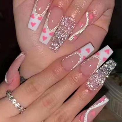 Picture of Valentine'S Day Press on Nails Long Coffin Fake Nails White French Tip Lines Glitter Designs Red Heart False Nails Press ons Valentine's Day Glue on Nails for Women Girls 24 Pcs