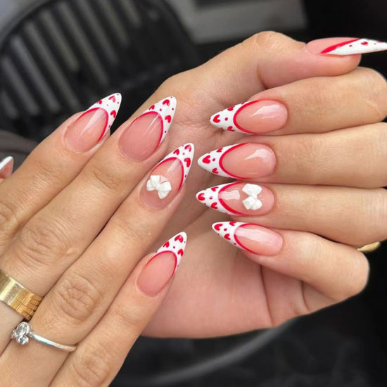 Picture of Valentine's Day Press on Nails Almond Medium White French Tip Fake Nails with Red Heart Designs Full Cover Glue on Nails Press ons Valentines False Nails Glossy Stick on Nails for Women Girls 24 Pcs