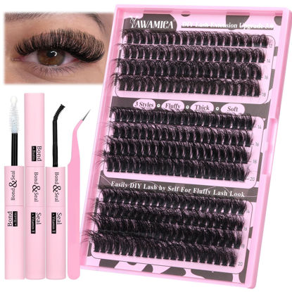 Picture of Eyelash Extension Kit Fluffy Thick Volume Lash Extension Kit 14-20mm D Curl Mink Lash Clusters 240pcs Individual Lashes Kit with Bond and Seal and Lash Applicator DIY at Home for Beginner by Yawamica