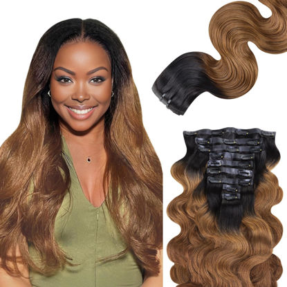 Picture of Lashey Seamless Clip in Hair Extensions Human Hair 130g 9pcs 14 Inch Body Wave Ombre Natural Black to Medium Auburn Clip in Hair Extensions for Women