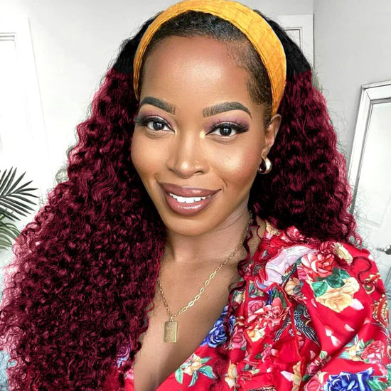 Picture of Celiarita Ombre Wine Red Headband Wig Human Hair Deep Wave Wigs for Black Women Glueless None Lace Front Machine Made Brazilian Virgin Black to Dark Red Deep Wave Headband Wig Human Hair 22 Inch