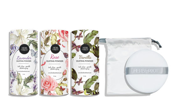 Picture of Herb & Root Body Powder Gift Set, 3 Talc-Free Scents: Lavender, Rose, Vanilla, Large Puff
