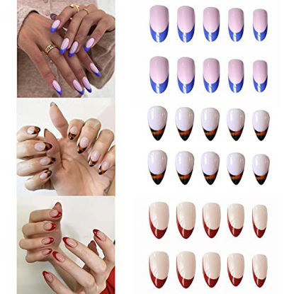 Picture of YOSOMK 3Packs (72 Pcs) Press on Nails Short Full Cover Short Fake Nails Glossy Stick on Nails French False Nails with Glue Acrylic Nails for Women (F Set)