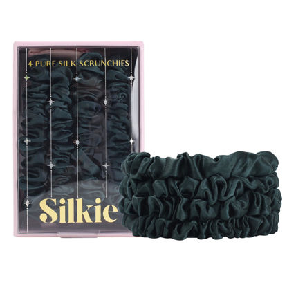 Picture of SILKIE x4 Set 100% Pure Mulberry Silk Green Skinny Scrunchies Travel Pouch Everyday Hair Ties Elastics Hair Care Ponytail Holder No Damage (Emerald)