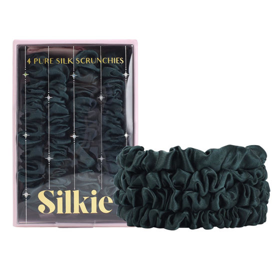 Picture of SILKIE x4 Set 100% Pure Mulberry Silk Green Skinny Scrunchies Travel Pouch Everyday Hair Ties Elastics Hair Care Ponytail Holder No Damage (Emerald)