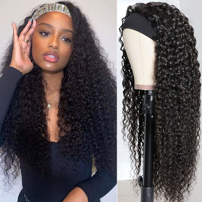 Picture of XSY 28 Inch Headband Human Hair Wigs Deep Wave None Lace Front Wigs Brazilian Virgin Human Hair Glueless Machine Made Headband Wigs for Black Women