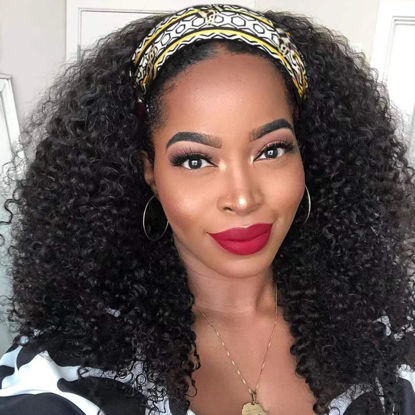 Picture of Aiterina Headband Wig Human Hair Kinky Curly for Black Women Curly Human Hair Wigs Briazilian Curly Scarf Wig No Gel Remy Hair None Lace Front Machine Made Wigs Human Hair 16 inch Natural Color