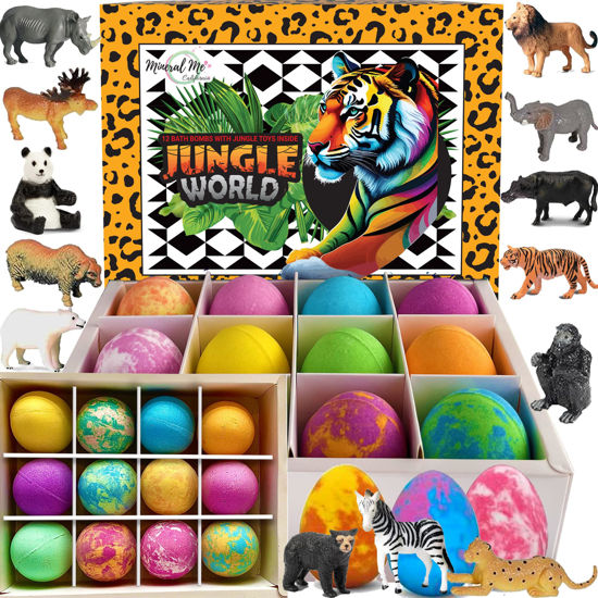Picture of Bath Bombs for Kids with Surprise Inside, Kids Bath Bombs with Jungle Animal Toys, 12 Organic BathBombs for Boys, Girls, Skin Moisturizing Bubble Bath, Christmas Gift, Stocking Stuffers for Kids